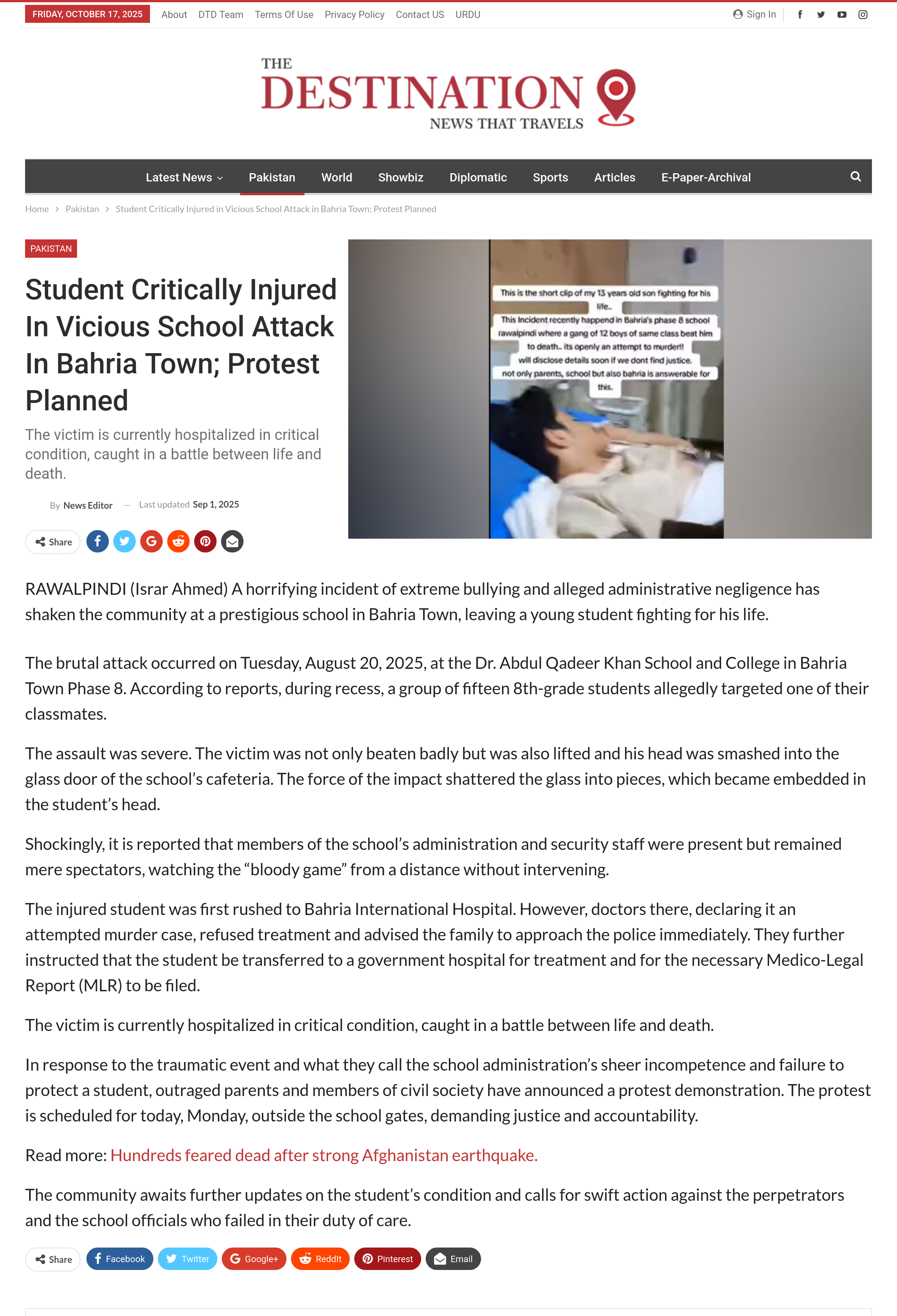 Daily Destination - Student Critically Injured in Vicious School Attack in Bahria Town; Protest Planned